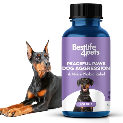 Peaceful Paws Dog Aggression & Noise Phobia Relief, Anxiety Relief for Dogs, Dog Calming Remedy for Biting, Barking, Chasing, Attacking, and Other Canine Behavior Issues, 400 Non-Drowsy, Small Pills