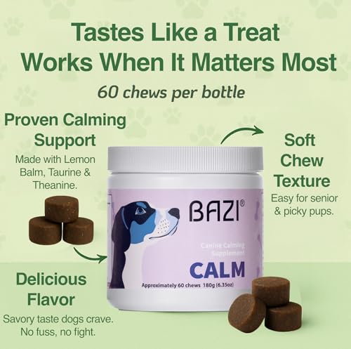 BAZI Calm Dog Chews – Natural Stress Relief for Hyperactive Dogs with Lemon Balm, Taurine & Theanine – Calming Support for Anxiety, Fireworks, Thunderstorms, Travel & Training – 60 Soft Chews