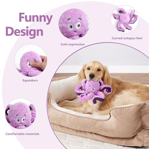 Dog Toys for Large Breed, Octopus Squeaky Funny Cute Interactive Medium & Small Dog Toys, Stuffed Plush Animals Puppy Toys, Dog Birthday for Dog Presents - Octopus