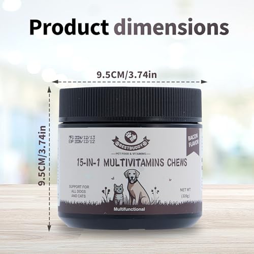 Best Buddy Multivitamin 15-in-1 Treats for Dogs, Complete Health Supplement Joint Support + Digestive Enzymes, Grain Free Dog Vitamins and Supplements for Skin & Coat (Bacon/Pork, 225g)