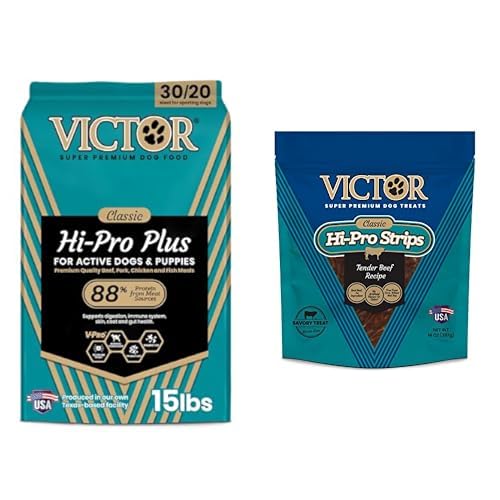 VICTOR Super Premium Dog Food – Hi-Pro Plus Dry Kibble & Classic Hi-Pro Savory Strips with Real Beef – Kibble 15lbs & Treats