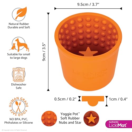 LICKIMAT Yoggie Pot - Distraction, Fun and Enrichment. Long Lasting Rubber Licking Treat Dispenser for All Dog Sizes and Slow Feeder for Small Dogs - Orange
