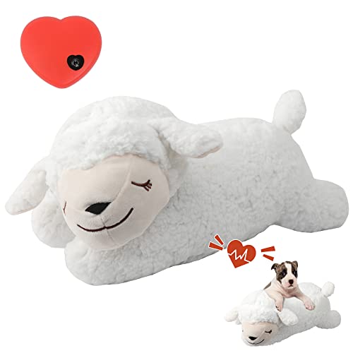 3T GROUP Heartbeat Puppy for Dogs Sleep Aid,Heartbeat Dog Toy for Puppy Essentials,Heartbeat Stuffed Animal Pillow Calming Plush Toys Anxiety Relief Lamb(White)