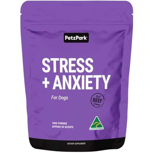 Stress and Anxiety Supplement for Dogs - Calming Dog Powder Supplement - Decreases Stress, Calms Fear & Anxiety, Eases Aggression & Insomnia, Relaxes Body and Mind - Beef Flavour - 6.4oz - 90 Scoops