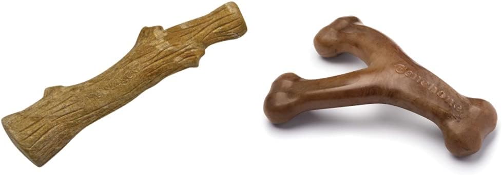 Petstages Dogwood Wood Alternative Dog Chew Toy + Benebone Wishbone Durable Bacon Flavored Dog Chew Toy