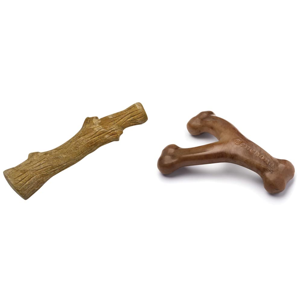 Petstages Dogwood Wood Alternative Dog Chew Toy + Benebone Wishbone Durable Bacon Flavored Dog Chew Toy
