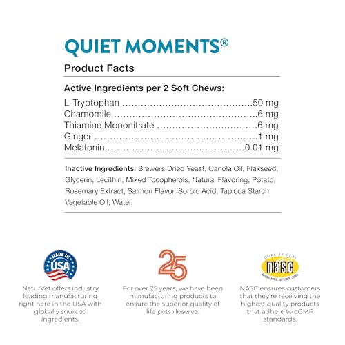 NaturVet Quiet Moments Calming Aid Cat Supplement Plus Melatonin – Helps Reduce Stress in Cats – for Pet Storm Anxiety, Motion Sickness, Grooming, Separation, Travel – 50 Ct. Soft Chews