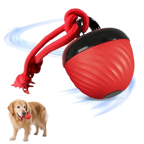 Interactive Dog Toys Ball, 2025 Smart Pet Puppy Ball with Ropes for Indoor Dogs, Path Electric Automatic Moving and Rolling Dogs Toy for Small Medium Large Dogs Daily Training (Red)