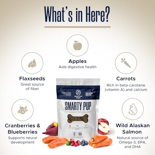 Smarty Pup Salmon Jerky - 12 oz of Fruit, Veggies, and Fish Dog Treats – Puppy Jerky Made with Apples, Carrots, Sweet Potato, Wild Alaskan Salmon, Blueberries, Cranberries, and More