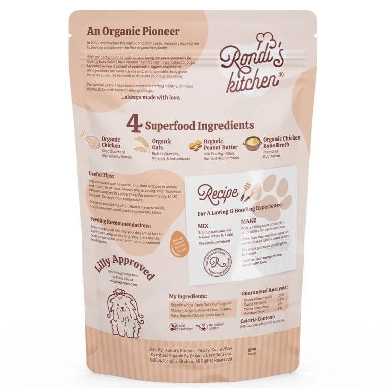 Rondi's Kitchen Pancake Mix for Dogs - Premium All-Natural & Organic Dog Treats, Healthy Dog Snacks for All Ages & Sizes, Made with Human-Grade Ingredients - Chicken & Peanut Butter