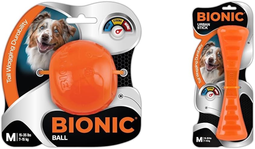 BIONIC Dog Toy Bundle - Medium Ball & Urban Stick - High-Visibility, Durable Chew Toys for Dogs 15-35 lbs. - Perfect for Fetch, Chew, and Treat Dispensing