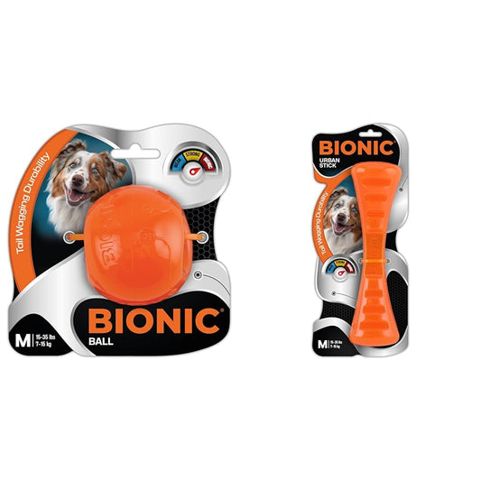 BIONIC Dog Toy Bundle - Medium Ball & Urban Stick - High-Visibility, Durable Chew Toys for Dogs 15-35 lbs. - Perfect for Fetch, Chew, and Treat Dispensing