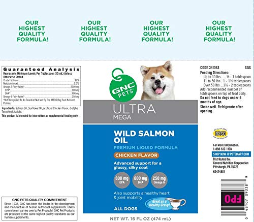 GNC Pets Ultra Mega Wild Salmon Oil Liquid Dog Supplement in Chicken Flavor, Advanced Natural Support for Glossy Coat & Joint Health, Healthy Pet Supplements with Omega-6, 16 Fl Oz