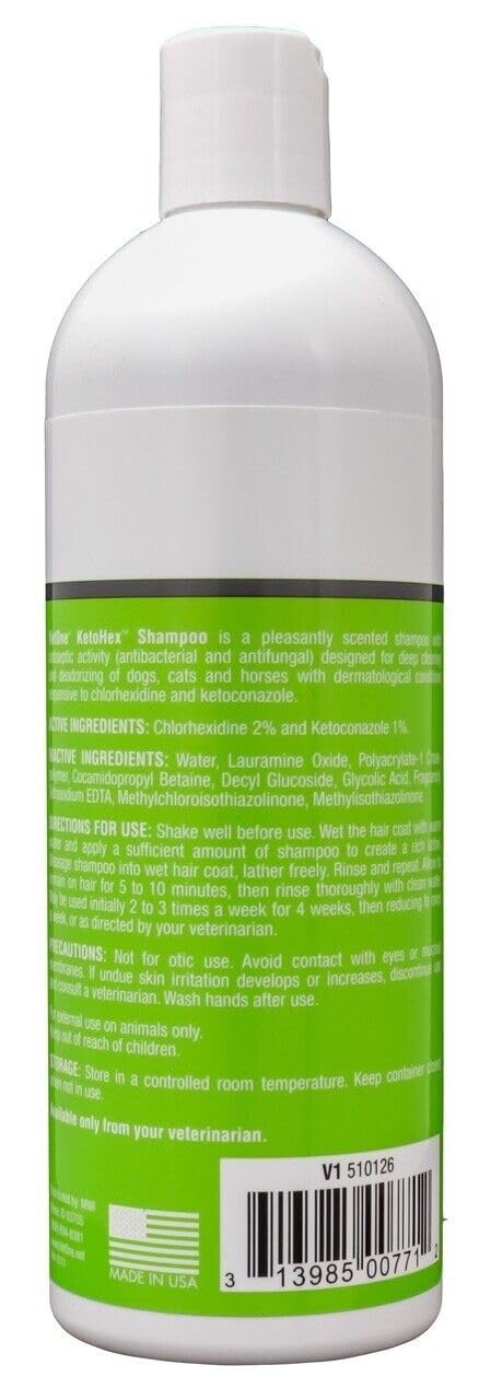 KetoHex Cat and Dog Shampoo - 16 oz Anti Bacterial Cat & Dog Flea And Tick Treatment, For Sensitive Skin Infections & Lesions, Protects & Moisturizes, Antifungal Treatment For Dogs & Cats - VetOne