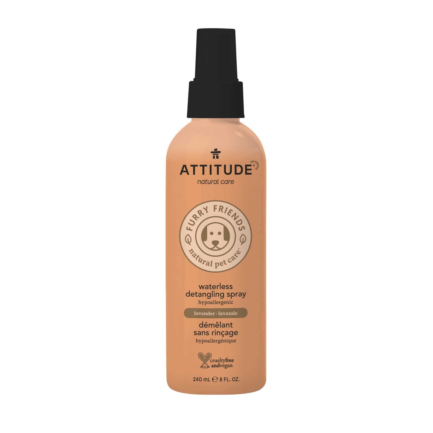 ATTITUDE Waterless Anti-Itching Detangling Spray for Pets, Plant and Mineral-Based Ingredients, Vegan and Cruelty-Free Animal Grooming Products, Lavender, 8 Fl Oz