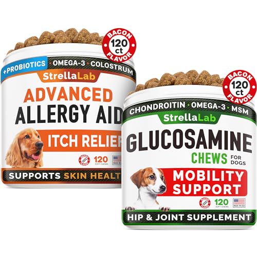 Advanced Allergy & Itch Relief + Glucosamine Dogs Bundle - Skin & Coat Health - Fish Oil Omega 3 & Probiotics + Chondroitin, MSM - Anti-Itch & Hot Spots + Hip & Joint Care - 240 ct - Made in USA