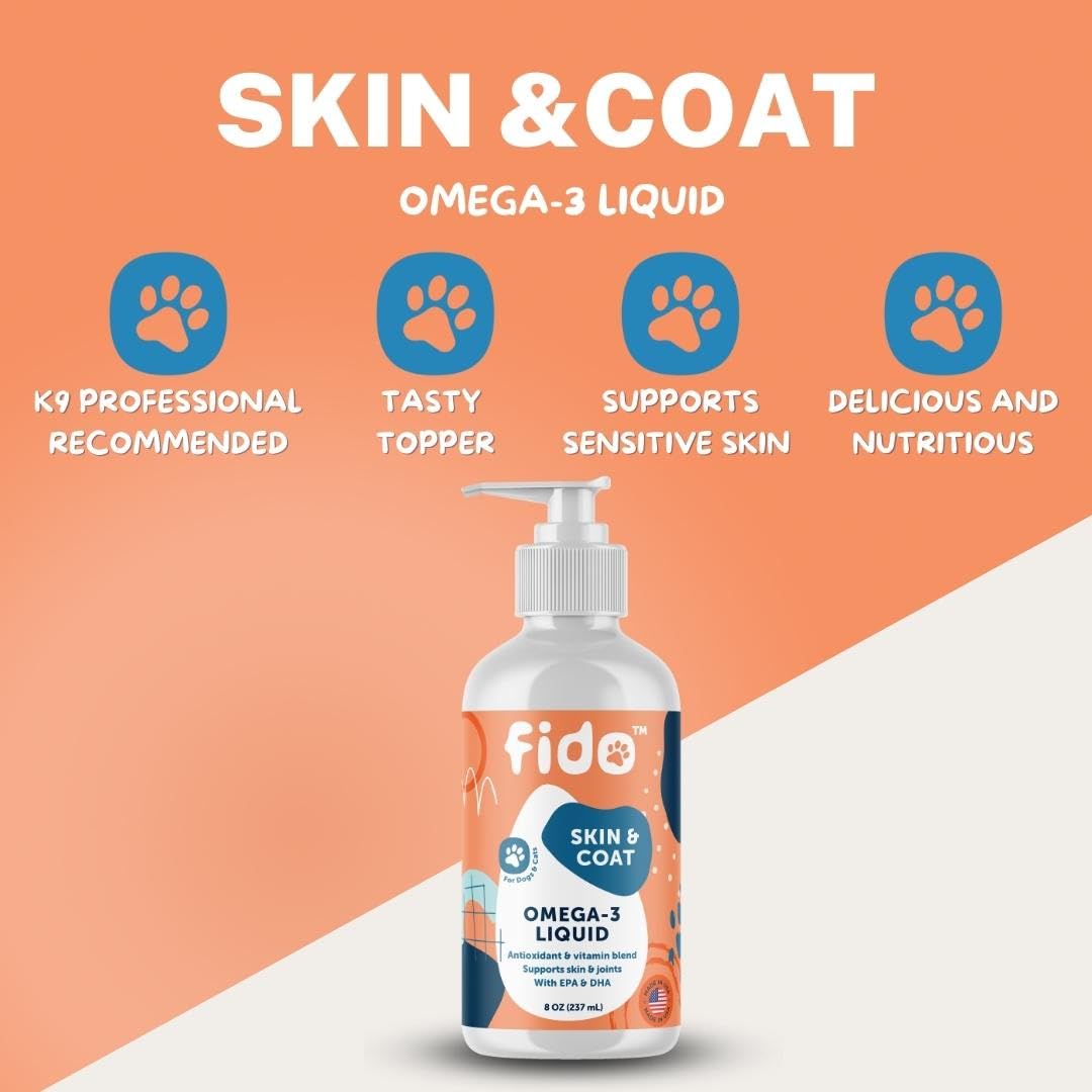 Fido Omega 3 Fish Oil for Dogs, 8 oz | EPA & DHA-Enriched for Skin, Coat, Joint & Heart Health | Tasty Supplement for All Breeds | Made in USA | Ideal for Sensitive Skin
