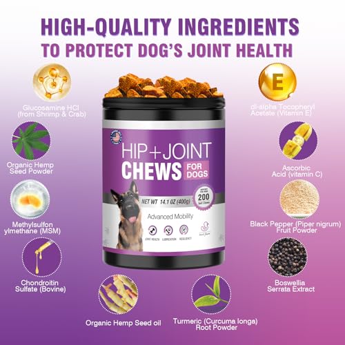 Glucosamine for Dogs 200pcs Joint Support Supplement Dog Hip and Joint Chondroitin Chews Treats with MSM Hemp Dog Joint Pain Relief Mobility Supplements Chicken Flavor Fit All Large Small Medium Breed