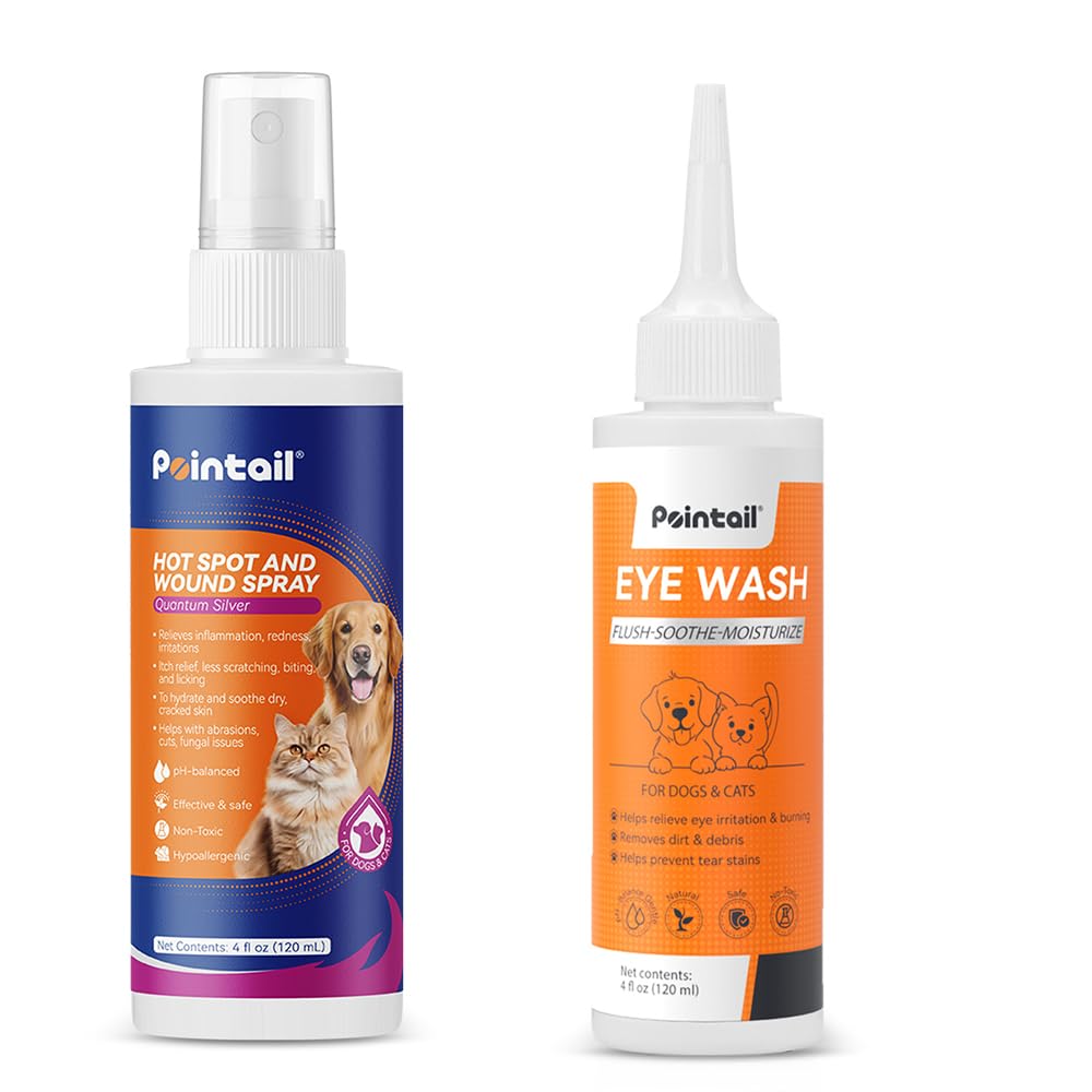 Pointail 8 oz Hot Spot Spray for Itchy Skin + 4 oz Eye Drops Remove Debris, Daily Eye Clean Wash