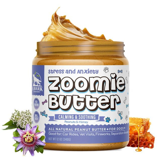 Zoomie Butter Calming Dog Peanut Butter Spread Supplement, All Natural Dog Treat. Human Grade & Safe Puppy Food, Passion Flower for Separation Anxiety, Behavior Aid, Kong Refill- Stress & Anxiety