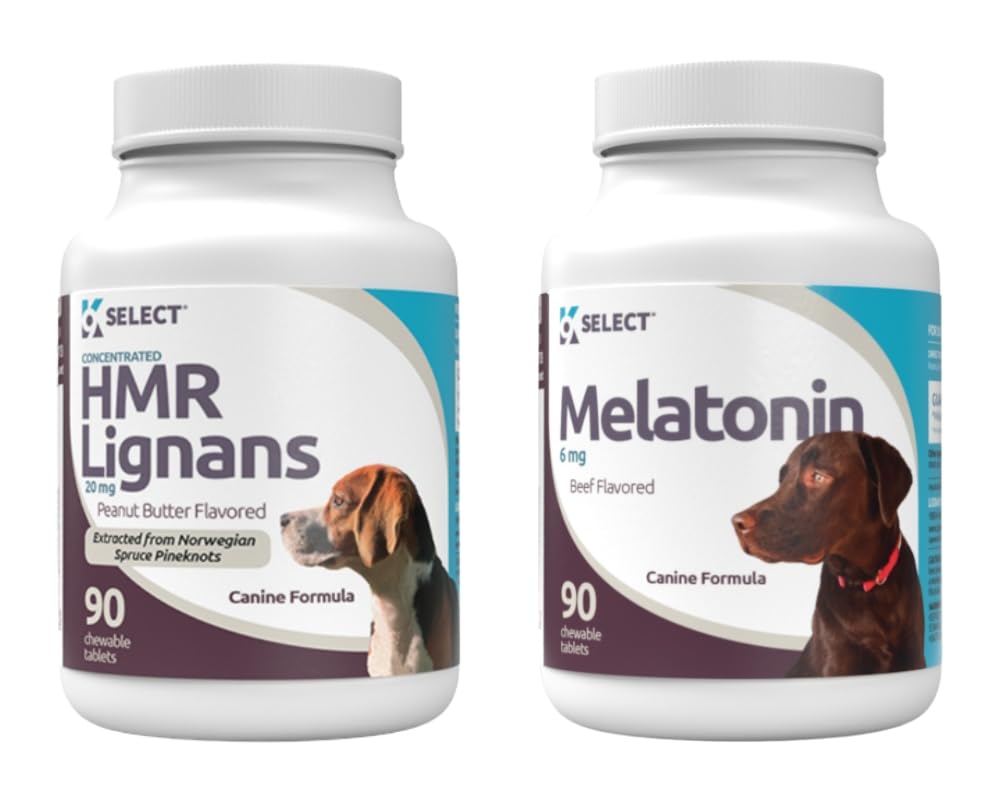 K9 Select Wellness Bundle for Dogs: Peanut Butter Flavored HMR Lignans (20mg, 90 Tablets) & Beef Flavored Melatonin (6mg, 90 Chewable Tablets) - Holistic Health Assistance - Small to Large Breeds
