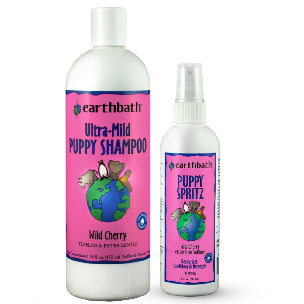 earthbath, Ultra-Mild Wild Cherry Puppy Shampoo & Spritz - Cruelty Free Dog Shampoo and Conditioner, Made in USA, Tearless & Extra Gentle Dog Wash, Best Puppy Shampoo & Puppy Supplies - (1 Set)
