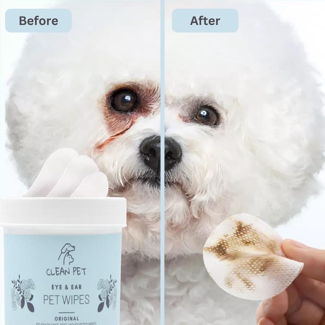 Clean Pet Veterinary Eye & Ear Wipes for Dogs & Cats - Removes Tear Stains & Infection Treatment - Hypoallergenic Unscented - 100 Count