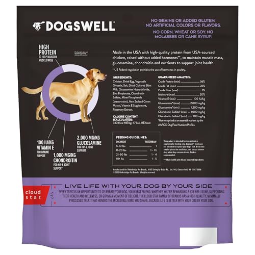 DOGSWELL Hip & Joint Dog Treats 100% Meaty, Grain Free, Glucosamine Chondroitin & Omega 3, Chicken Soft Strips 20 oz