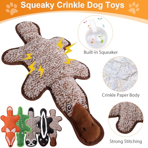 5 Pack No Stuffing Squeaky Dog Toys for Aggressive Chewers - Interactive Durable Plush Chew Toy with Crinkle Paper, Safe Pet Toy for Small to Large Breed, Ideal for Puppy Gifts & Tug of War Toys