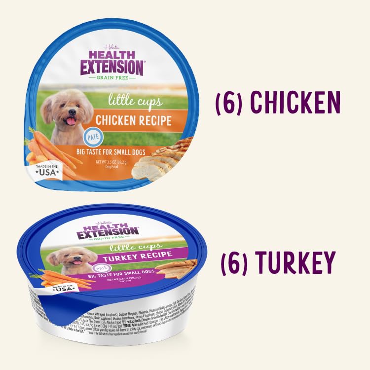Health Extension Little Cups Grain-Free Wet Dog Food, Small Breed - Variety Box (6 Chicken/6 Turkey) 3.5 oz - Easy to Digest, Ideal for Picky Eaters (Case of 12 Cups)
