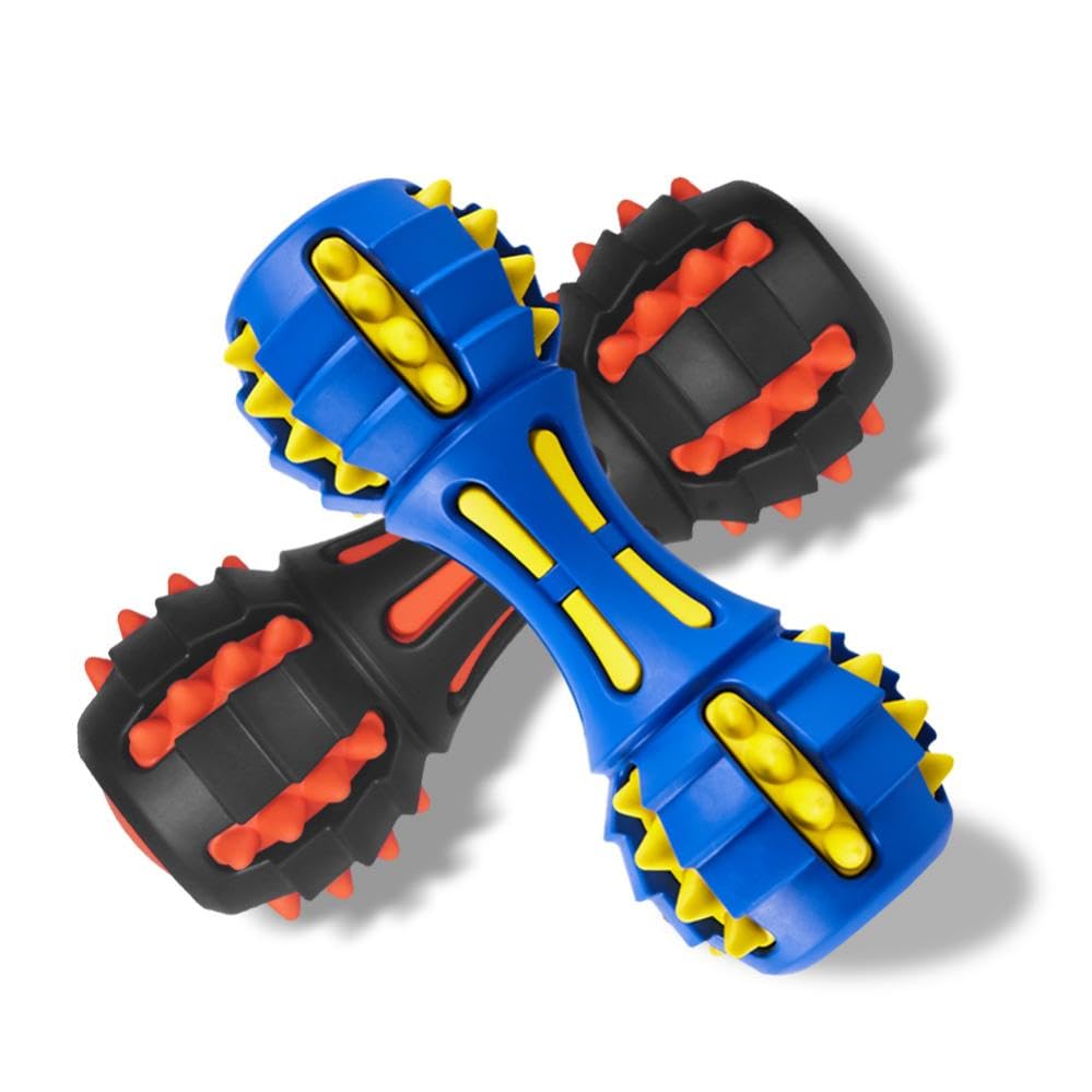 AUSCAT Teething Dog Toys, Durable Squeaky Dog Toys, Rubber Chew Toys for Dogs, Dumbbell Shape, Blue and Black