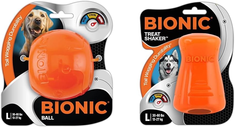 BIONIC Dog Toy Bundle - Large Ball & Treat Shaker - High-Visibility, Durable Interactive Chew Toys for Dogs 30-60+ lbs.