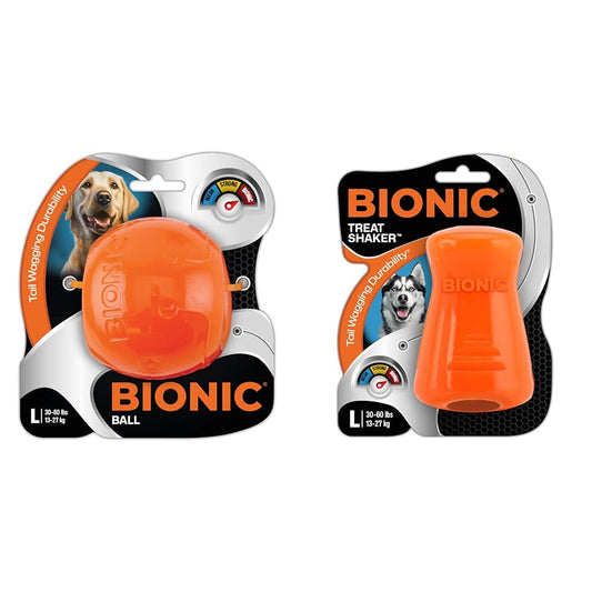 BIONIC Dog Toy Bundle - Large Ball & Treat Shaker - High-Visibility, Durable Interactive Chew Toys for Dogs 30-60+ lbs.