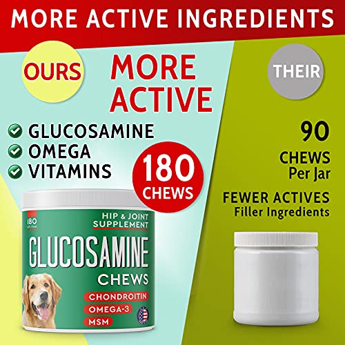 Glucosamine Dog Treats for Picky Eaters - Joint Supplement w/Chondroitin, MSM, Omega-3 - Joint Pain Relief - Advanced Formula - Chicken Flavor - 180 Ct - Made in USA