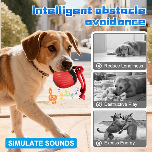 Interactive Dog Toys Ball, 2025 Smart Pet Puppy Ball with Ropes for Indoor Dogs, Path Electric Automatic Moving and Rolling Dogs Toy for Small Medium Large Dogs Daily Training (Red)