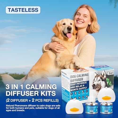Dog Calming Pheromones Diffuser 3 in 1 Kit Appeasing Pheromone Diffuser to Calm (2 Plug in+2 Pack 48ml Refill) for Anxiety Relief Reduce Aggression Fighting Barking Stress 60 Day Supply(Tasteless)