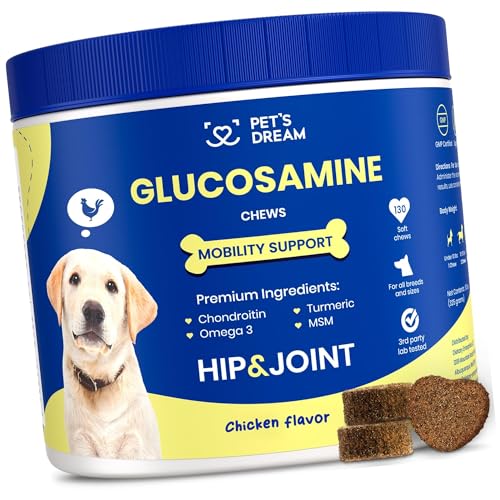 PET'S DREAM Hip and Joint Glucosamine for Dogs, Mobility Support Joint Supplement for Dogs with Chondroitin & MSM, Dog Hip and Joint Supplement Large & Small Breed, Chicken Flavor 128 Chews