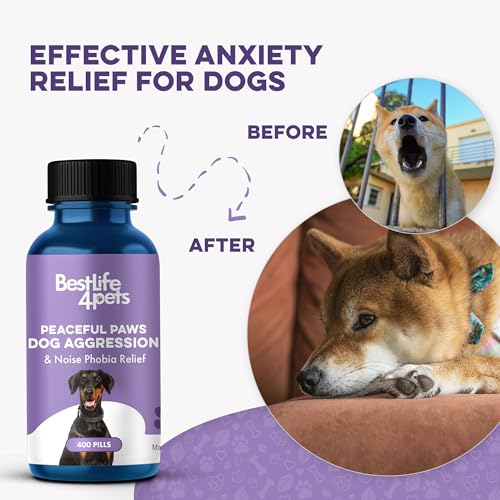 Peaceful Paws Dog Aggression & Noise Phobia Relief, Anxiety Relief for Dogs, Dog Calming Remedy for Biting, Barking, Chasing, Attacking, and Other Canine Behavior Issues, 400 Non-Drowsy, Small Pills