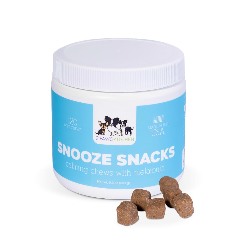 3 Paws Kitchen Snooze Snacks - Calming Chews for Dogs with Melatonin, Chamomile, and Valerian Root - Dog Anxiety Relief Supplement - 120 Soft Chews - Natural, Vet-Approved - Made in USA