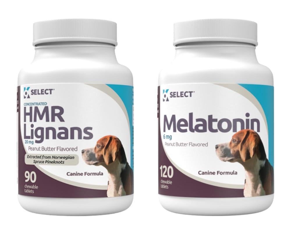 K9 Select Peanut Butter Bundle: HMR Lignans for Dogs (20mg, 90 Tablets, Norway Spruce Extract) & Melatonin for Dogs (6mg, 120 Chewables) - Digestion, Coat Care, & Cycle Pattern, Medium & Large Breeds