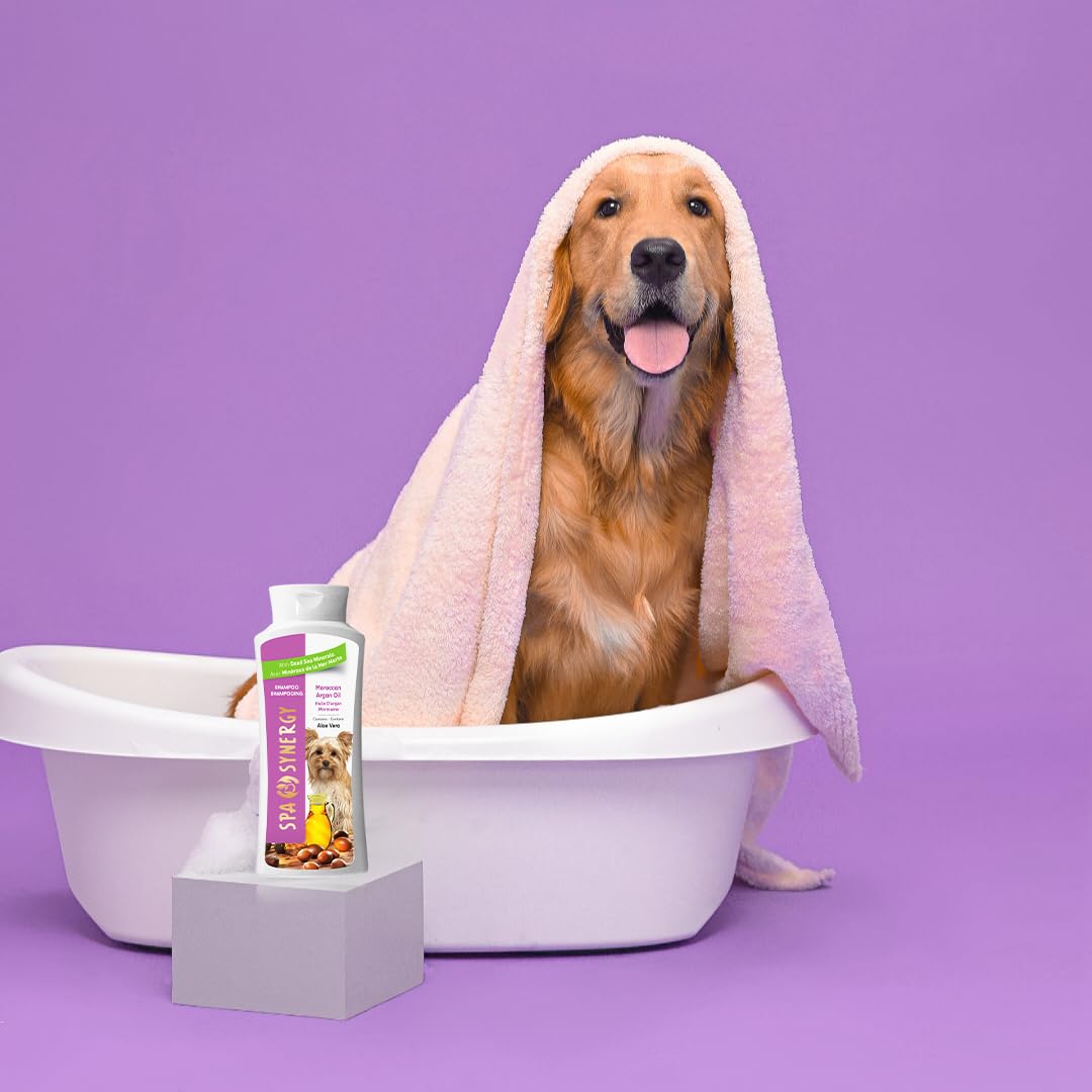 Spa Synergy Pet Dog Shampoo Natural Dead Sea Mineral Rich, Aloe Vera & Vitamin-E, Soothing Anti-itching, Soften, Moisturizing - Moroccan Argan Oil - (1) Bottle 16.5 FL OZ