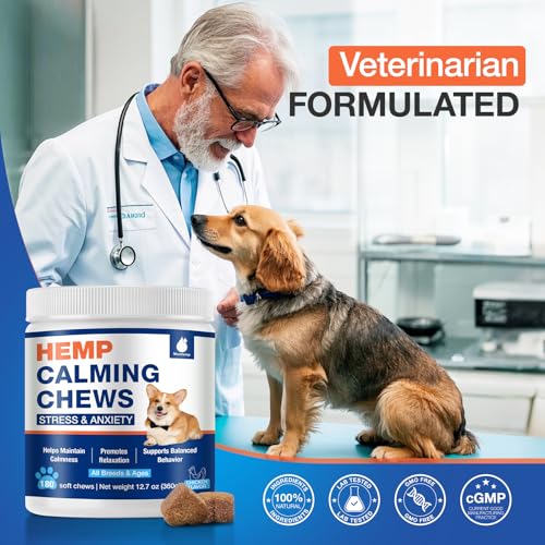 Hemp Calming Chews for Dogs with Anxiety and Stress - 180 Soft Dog Calming Treats - Dog Anxiety Relief - Storms, Fireworks, Thunder, Barking, Separation Aid - Valerian Root - L-Tryptophan - Hemp Oil