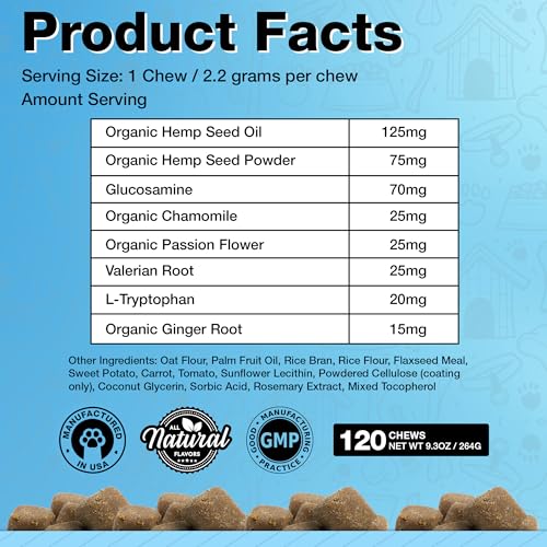 pawlife Calming Chews with Organic Hemp Oil| Dog Anxiety Relief & Travel Friendly| Glucosamine to Help with Join Support| 120 Soft Chews & up to 4-Month Supply