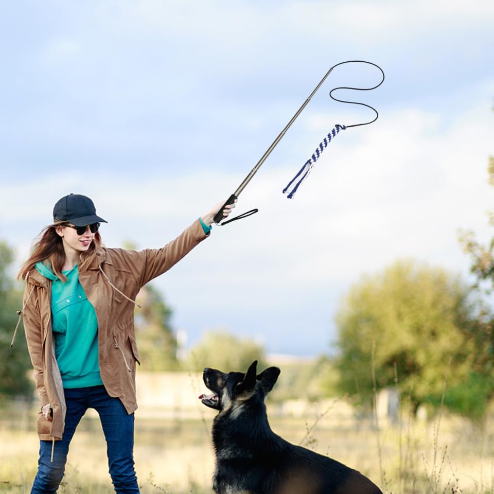 POPETPOP Flirt Pole for Dogs Interactive Dog Toys - Extendable Teaser Wand Outside Interactive Fun Toys with 2 Rope Chew Play Toys for Training Exercise (Size L)