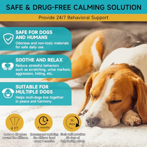 Woyamay Dog Calming Diffuser - Dog Pheromones Calming Diffuser for Dog Anxiety Relief 6-in-1 Dog Pheromone Diffuser Kit with 2 Diffuser + 4 Refill 48ml Vial - 120 Days Pheromone Diffuser to Calm Dogs