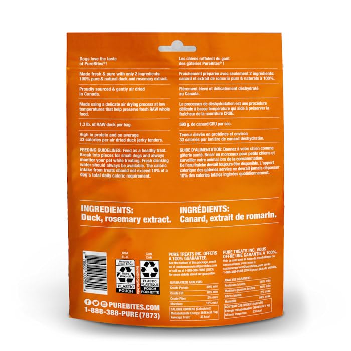 PureBites Duck Jerky Dog Treats, 2 Ingredients, Made in Canada, 5.5oz