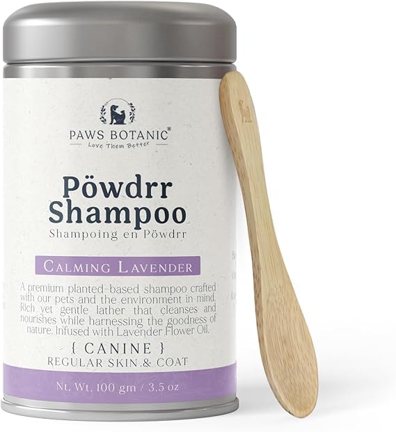 Paws Botanic Unscented Dog Dry Shampoo, Powder Shampoo for Dogs, Regular Skin & Coat, 3.5 oz with Bamboo Spoon (Calming Lavender)