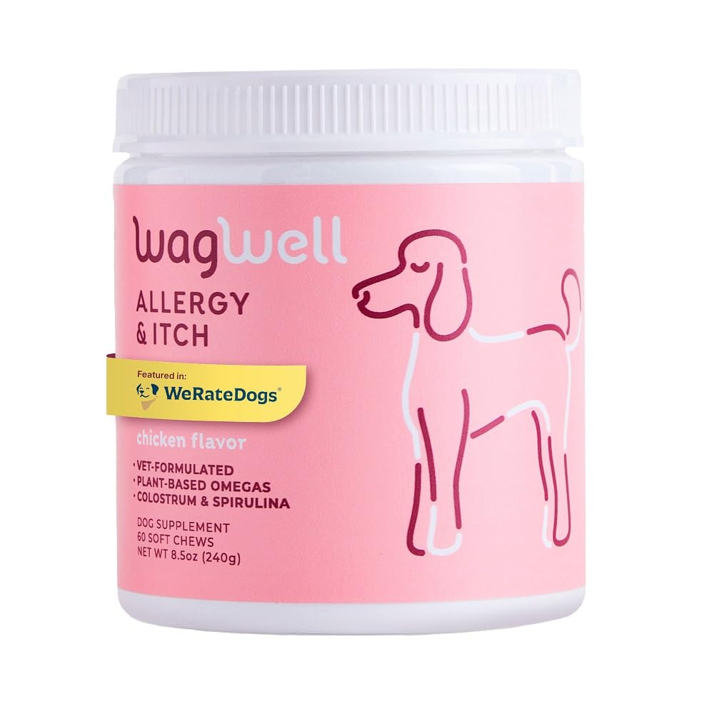 WagWell Allergy and Itch Chews – Chicken Flavored – Plant Based with Colostrum and Spirulina – Dog Skin and Coat Supplement for Itch Relief and Digestive Health, 60 Chews