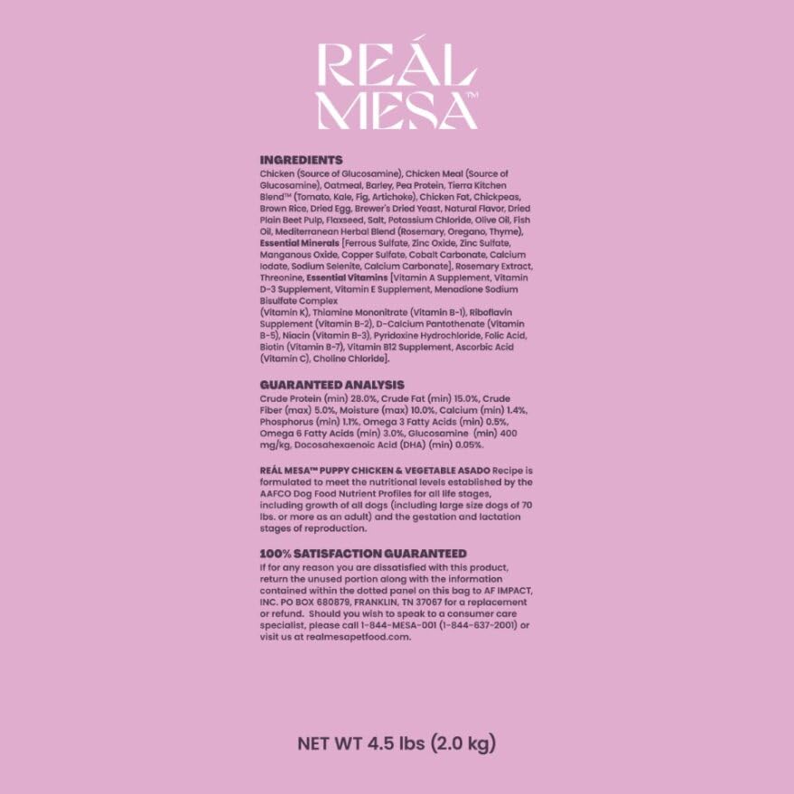 REÁL MESA Premium High-Protein Puppy Food for Healthy Growth & Development - Natural Chicken & Vegetable Asado Recipe with DHA, Calcium, & Antioxidants - Nutritious Dry Dog Food, All Breeds (4.5 lbs)