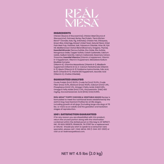 REÁL MESA Premium High-Protein Puppy Food for Healthy Growth & Development - Natural Chicken & Vegetable Asado Recipe with DHA, Calcium, & Antioxidants - Nutritious Dry Dog Food, All Breeds (4.5 lbs)